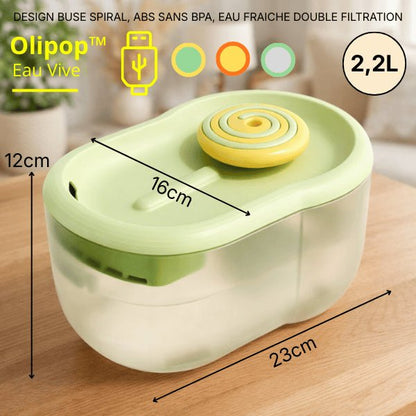 Fontaine pour chat 2,2 litres avec dimensions et bac incliné favorisant la circulation de l’eau - Olipop™