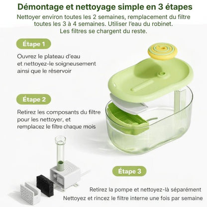 Fontaine pour chat à démontage simple, nettoyage du réservoir, remplacement du filtre et entretien pompe - Olipop™