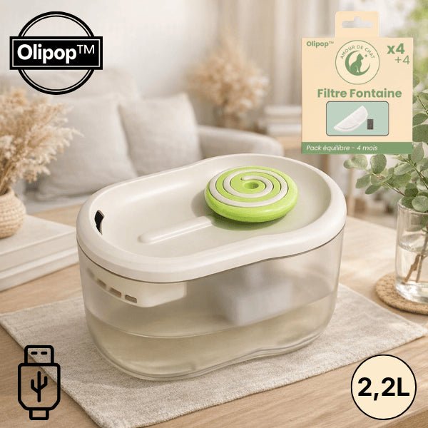 Fontaine chat design buse spirale USB 2,2 L avec pack filtre 4 couches compatible Olipop™ 