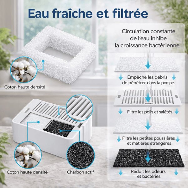 Fontaine chat filtrée avec coton haute densité et charbon actif