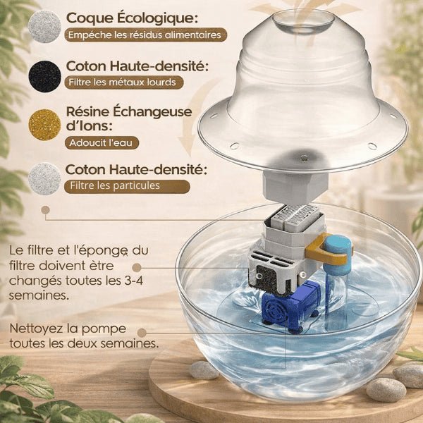 Fontaine chat filtrée avec pompe et filtres assurant eau propre continue