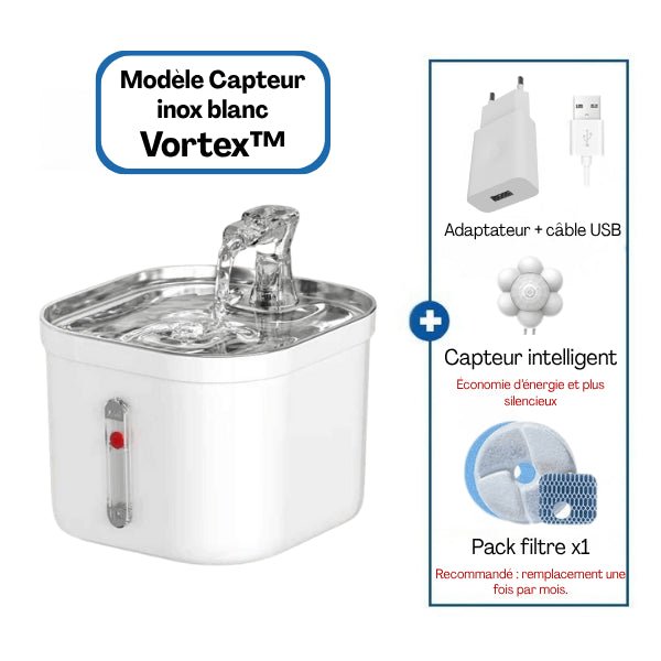 Fontaine chat inox intelligente blanche pack capteur de mouvement adaptateur USB filtre Vortex™