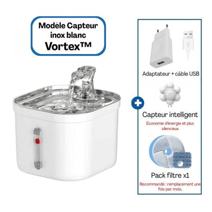 Fontaine chat inox intelligente blanche pack capteur de mouvement adaptateur USB filtre Vortex™