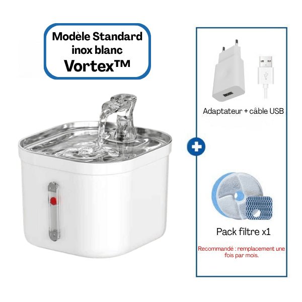 Fontaine chat inox blanc pack standard adaptateur USB filtre Vortex™
