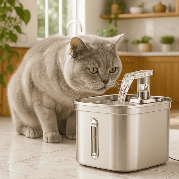 Fontaine chat inox compacte filtre source naturelle niveau visuel hydratation félin british boit dans Vortex™