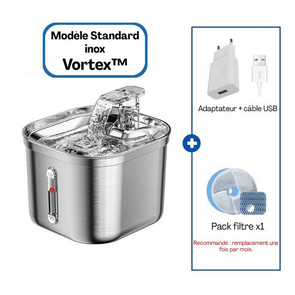 Fontaine chat inox gris pack standard adaptateur USB filtre Vortex™