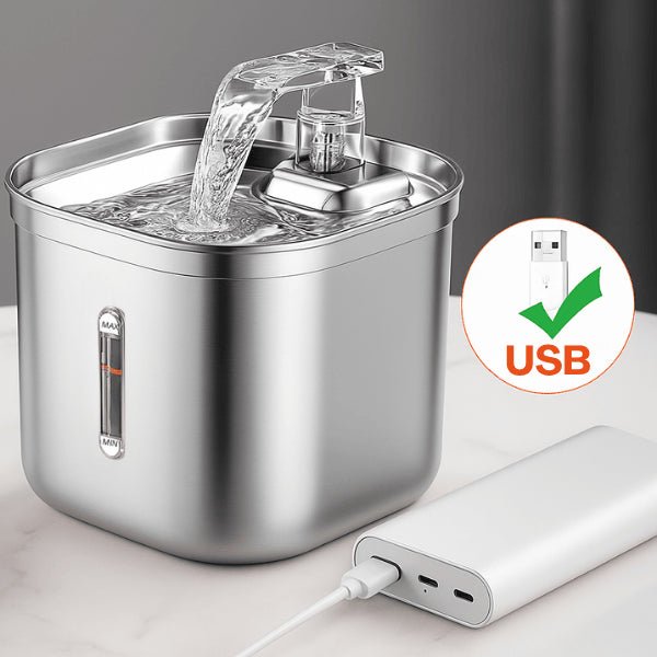 Fontaine chat sans fil USB inox compatible avec batterie externe Vortex™