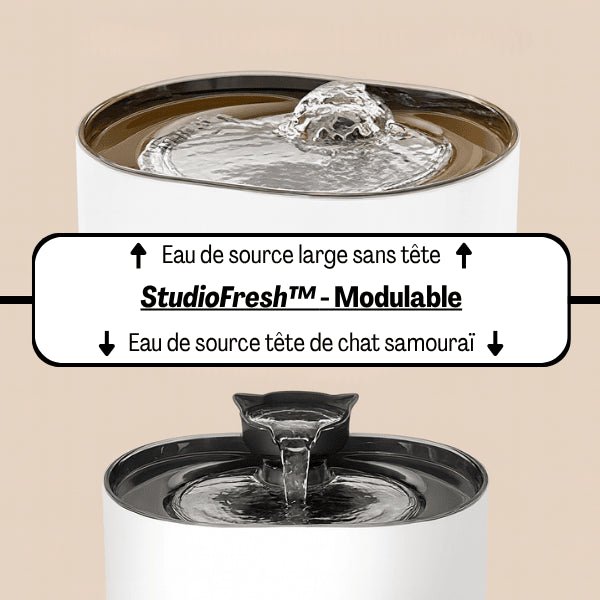 Fontaine eau chat 2en1 automatique modulable bac large ou tête chat samouraï source Studiofresh™
