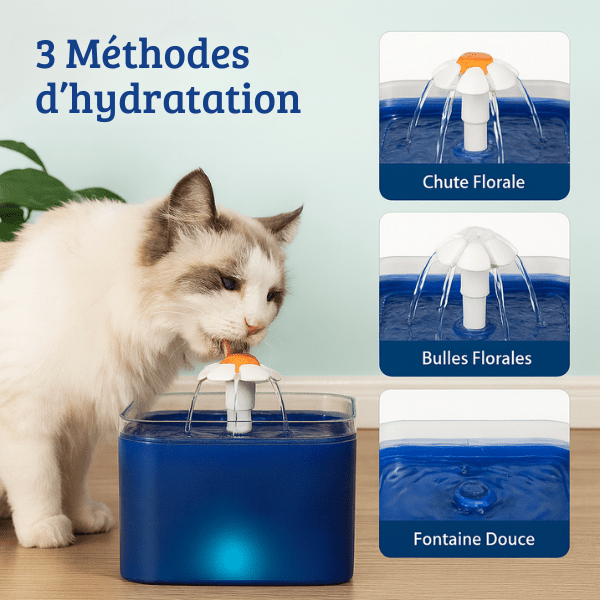 Fontaine eau chat 3 méthodes hydratation 3en1 félin qui boit dans abreuvoir bleu carré LED PearlFlow™