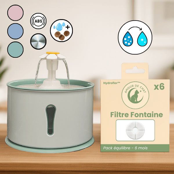Fontaine eau chat automatique 3 couleurs plastique inox et repas ou pack filtre fontaine chat Hydroflor™