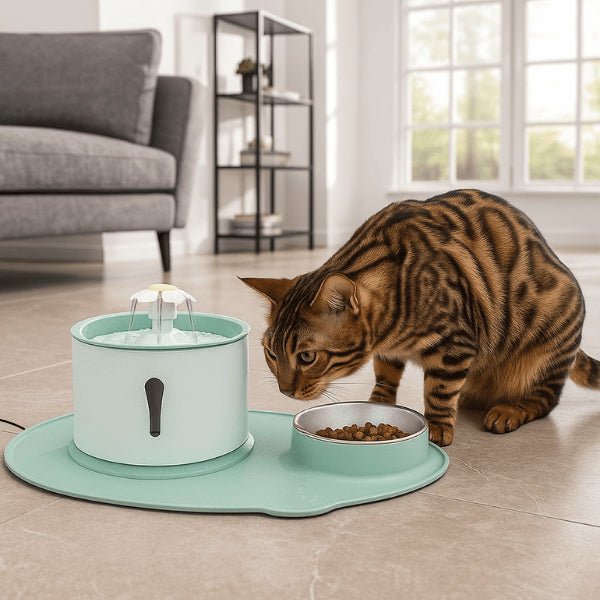 Fontaine eau chat avec gamelle inox repas complet tapis intégré bengal repas hydratation Hydroflor™