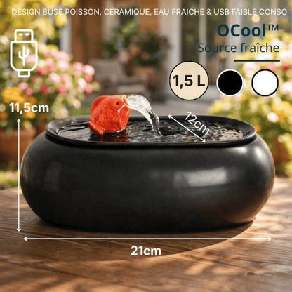 Fontaine à eau chat en céramique noire avec buse poisson rouge, dimensions, capacité 1,5 litres et USB – OCool™