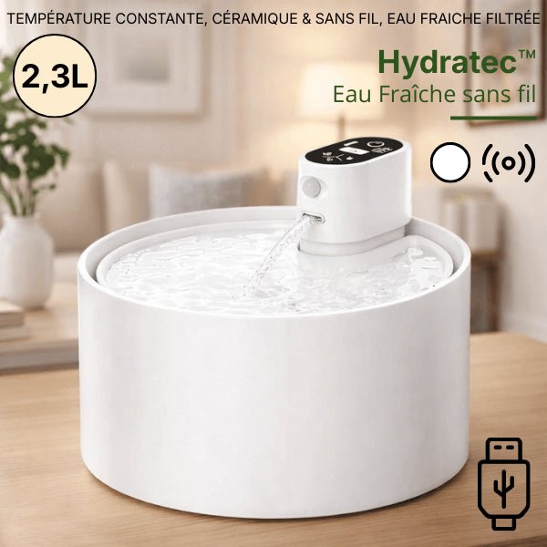 Fontaine a eau chat céramique sans fil blanche 2,3L avec écoulement continu silencieux et alimentation USB - Hydratec™