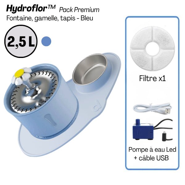 Fontaine eau chat complète 3en1 plateau inox tapis gamelle pompe filtre - Pack premium bleu Hydroflor™