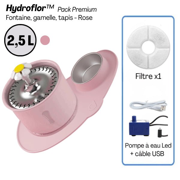 Fontaine eau chat complète 3en1 plateau inox tapis gamelle pompe filtre - Pack premium rose Hydroflor™