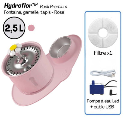 Fontaine eau chat complète 3en1 plateau inox tapis gamelle pompe filtre - Pack premium rose Hydroflor™