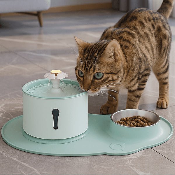 Fontaine eau chat complète filtrée gamelle inox tapis antidérapant intégré bengal repas hydratation Hydroflor™