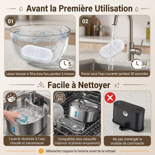 Fontaine eau chat inox facile à nettoyer compatible lave vaisselle quotidiennement