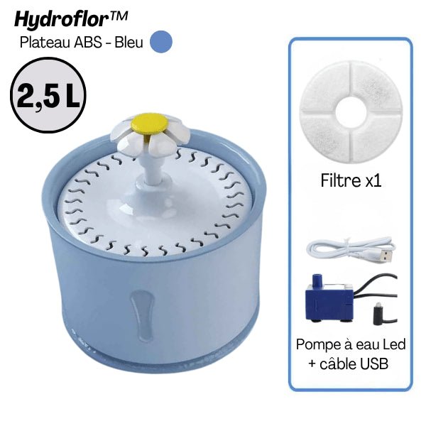 Fontaine eau chat grande capacité 2,5 litres plateau ABS bleu filtre Hydroflor™
