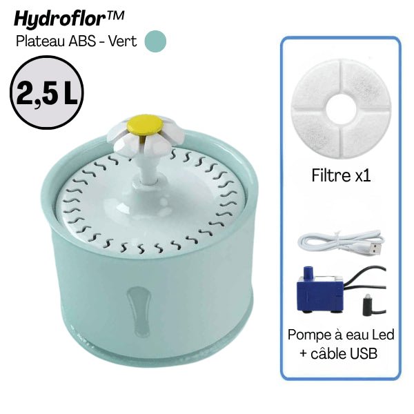 Fontaine eau chat grande capacité 2,5 litres plateau ABS vert filtre Hydroflor™