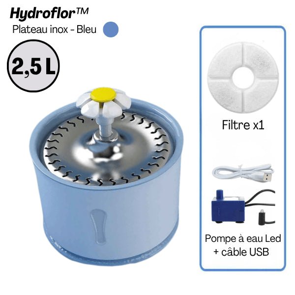 Fontaine eau chat grande capacité 2,5 litres plateau inox bleu filtre pompe Hydroflor™