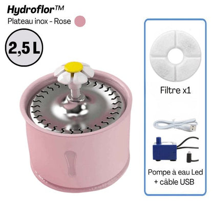 Fontaine eau chat grande capacité 2,5 litres plateau inox rose filtre pompe Hydroflor™