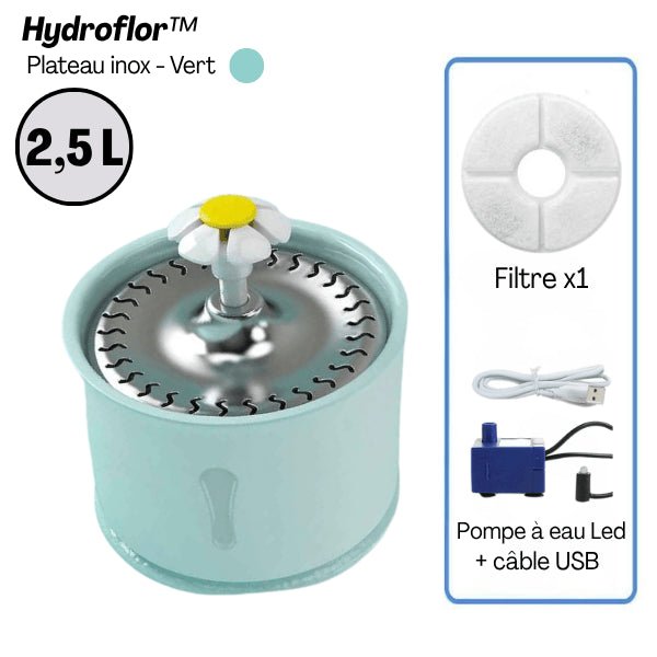Fontaine eau chat grande capacité 2,5 litres plateau inox vert filtre pompe Hydroflor™