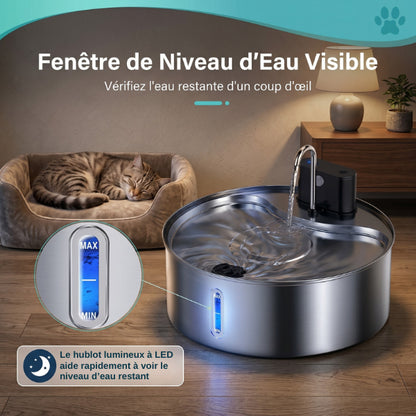 Fontaine eau chat inox avec niveau d’eau visible et voyant lumineux pratique