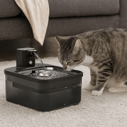 Fontaine eau chat avec félin qui boit dans salon hydratation saine Olyss™