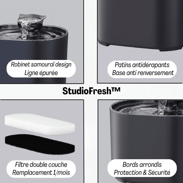 Fontaine eau chat pratique design source antidérapante anti renversement filtrée sécuritaire Studiofresh™