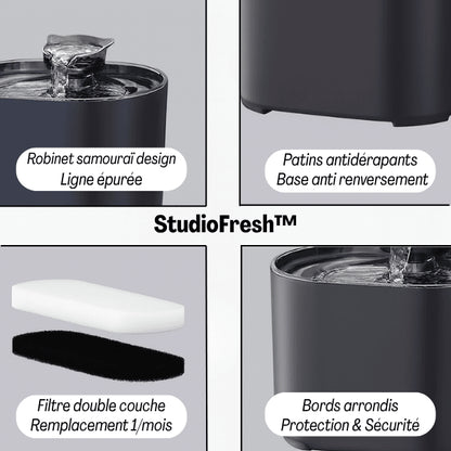Fontaine eau chat pratique design source antidérapante anti renversement filtrée sécuritaire Studiofresh™