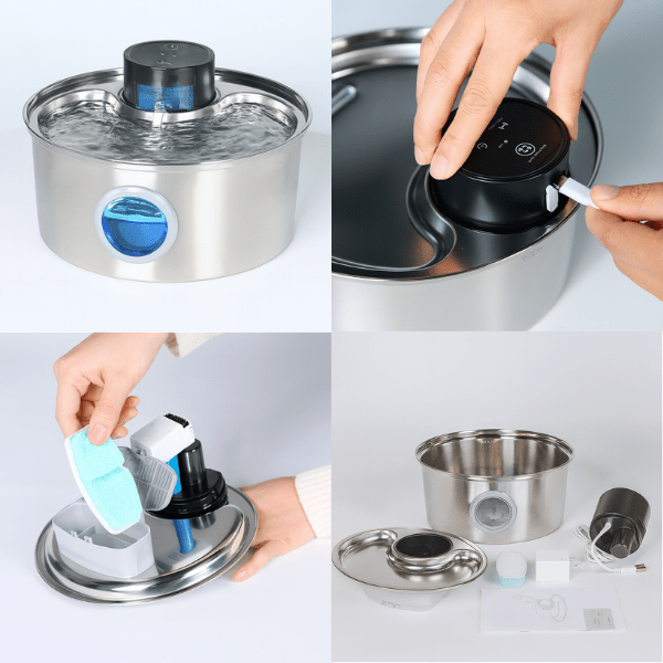 Fontaine eau chat sans fil inox démontée facile à monter avec pose filtre