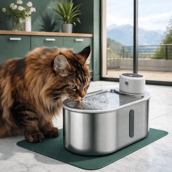 Chat buvant dans une fontaine eau chat sans fil en inox à source centrale
