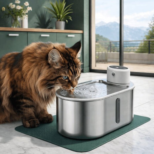 Chat buvant dans une fontaine eau chat sans fil en inox à source centrale