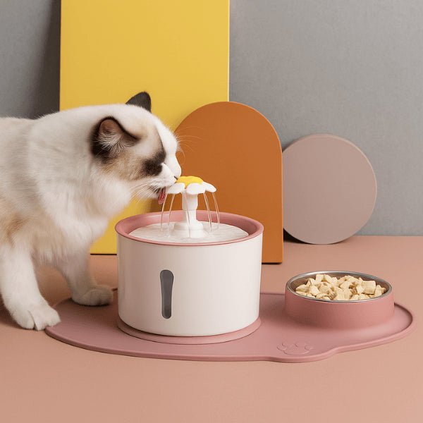 Fontaine eau chat silencieuse rose filtrée tapis intégré gamelle inox félin boit Hydroflor™