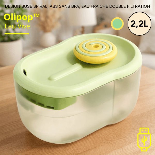 Fontaine eau chat 2,2 litres en ABS sans BPA à buse spirale vert et jaune, USB et filtration intégrée - Olipop™