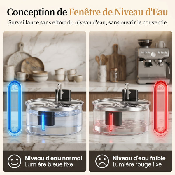 Fontaine eau chat avec voyant lumineux niveau faible et remplissage simplifié