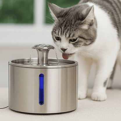 Fontaine eau pour chat automatique inox 2,5 litres USB avec félin qui boit dans Hydrox™