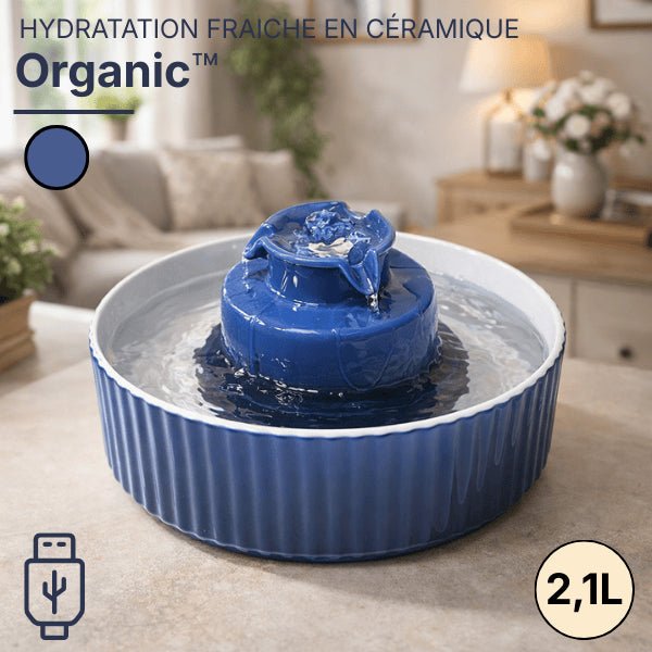 Fontaine à eau chat en céramique bleue avec source centrale et pompe silencieuse USB - Organic™