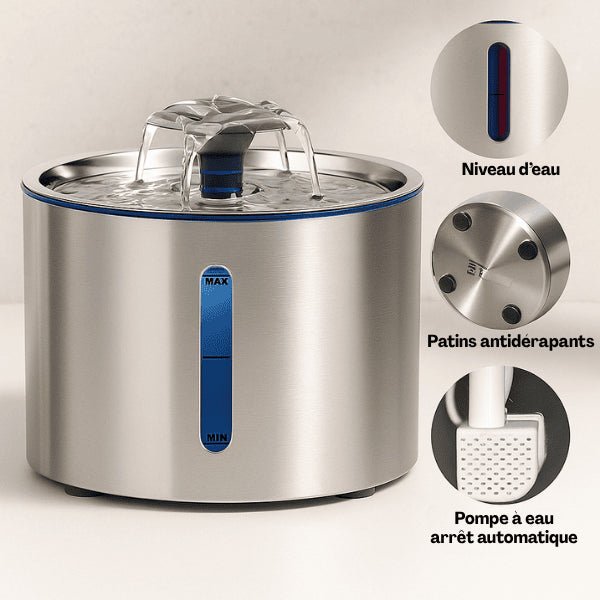 Fontaine eau pour chat inox antidérapante niveau visuel arrêt pompe automatique Hydrox™