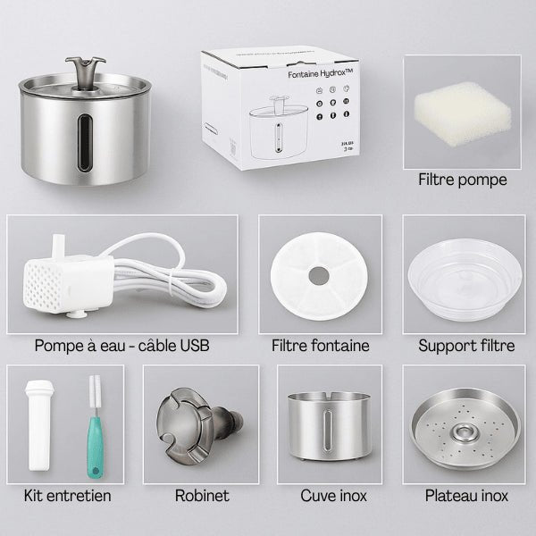 Fontaine eau pour chat inox pack complet élément colis filtre pompe robinet cuve inox Hydrox™