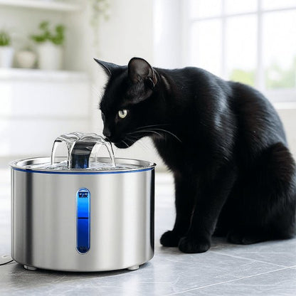 Fontaine eau pour chat inox ronde automatique filtrée 2,5 litres félin noir boit dans Hydrox™