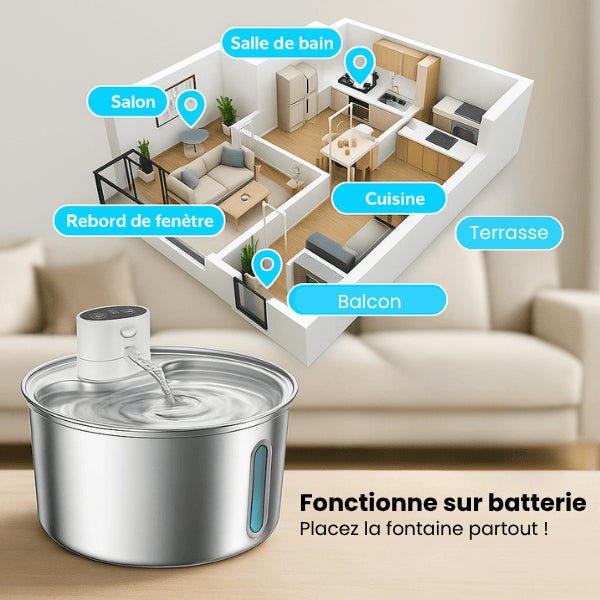 Fontaine pour chat batterie sans fil rechargeable placement intérieur extérieur maison sans prise Catronic™