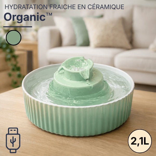 Fontaine à eau chat en céramique verte avec ruissellement naturel et filtration intégrée - Organic™