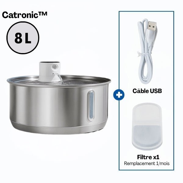 Fontaine pour chat grande capacité inox 8 litres sans fil batterie longue durée filtre Catronic™