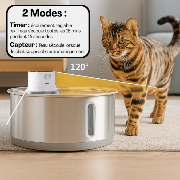 Fontaine pour chat inox capteur mouvement 120 degrés deux modes temps capteur Catronic™