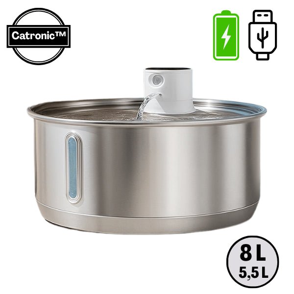 Fontaine pour chat inox grande capacité 8 L sans fil batterie autonomie 30 jours Catronic™