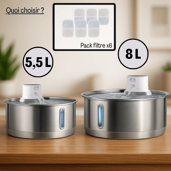 Fontaine pour chat inox grande capacité sans fil batterie 5,5 ou 8 litres pack filtre Catronic™