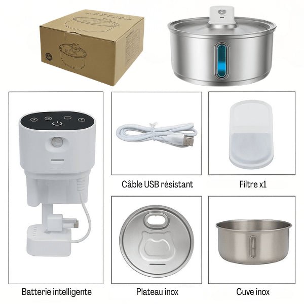 Fontaine pour chat inox sans fil batterie colis avec batterie filtre câble USB plateau inox Catronic™