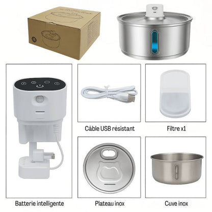Fontaine pour chat inox sans fil batterie colis avec batterie filtre câble USB plateau inox Catronic™